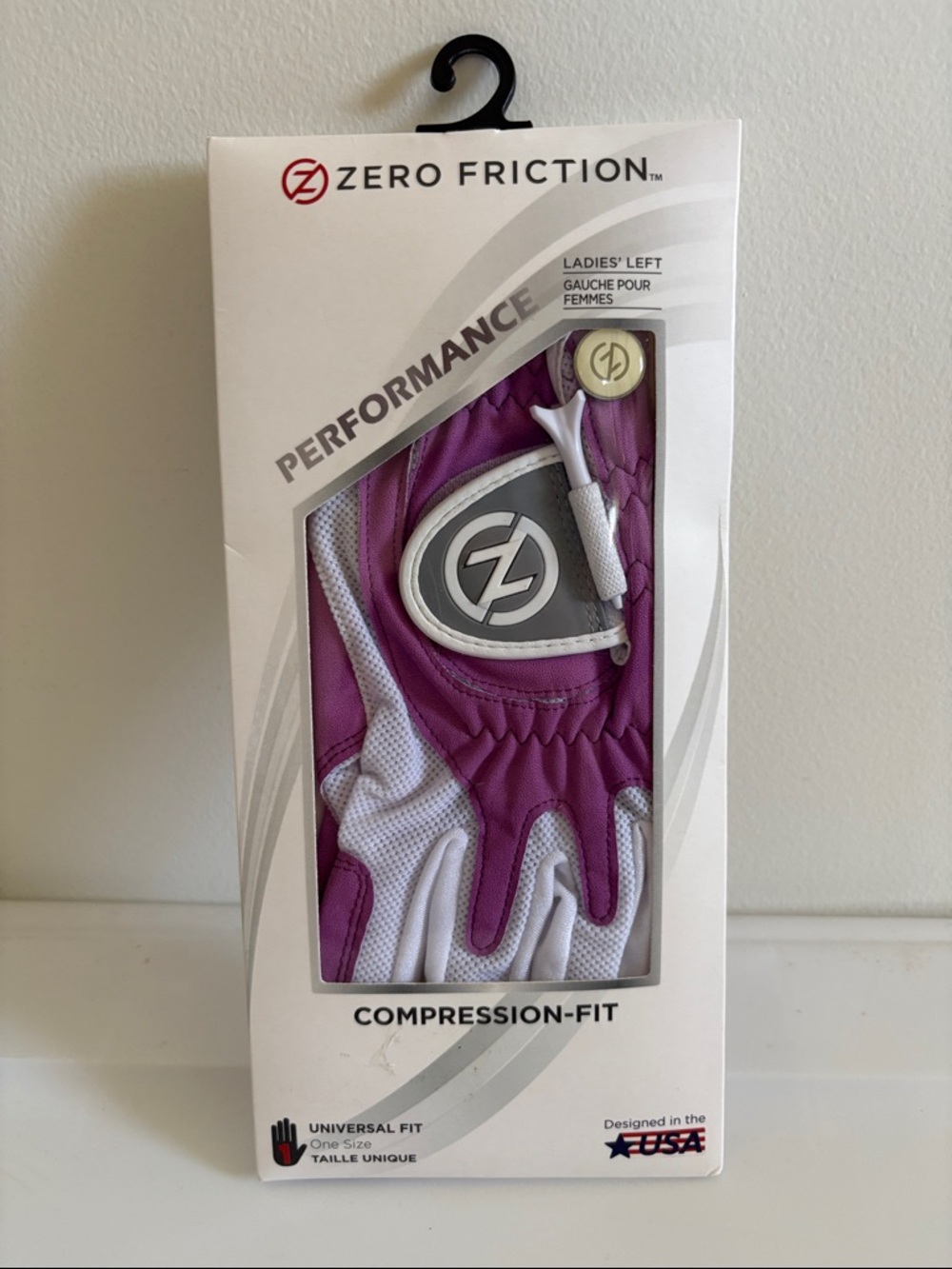 Zero Friction Ladies' Compression-Fit Golf Glove in Purple and White